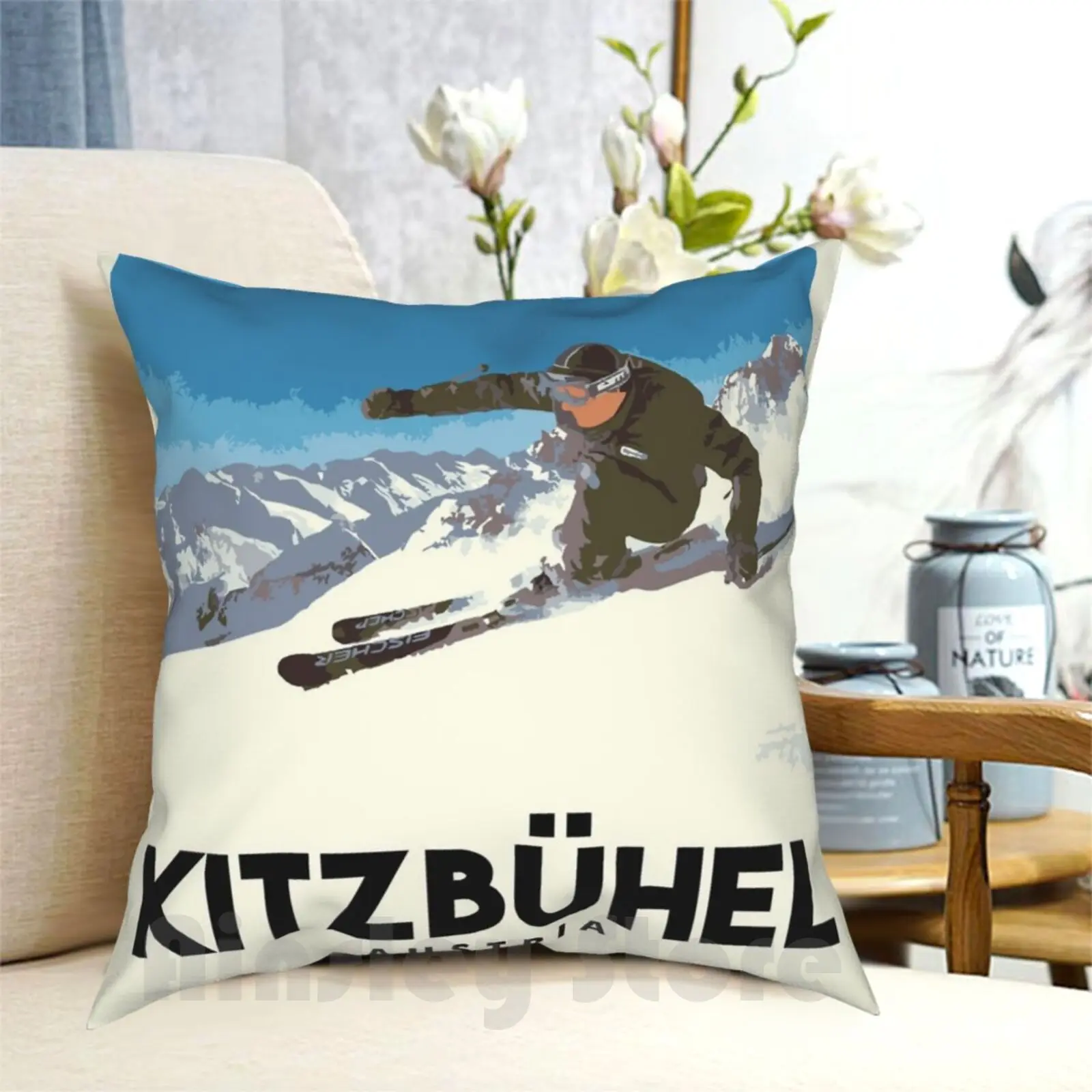 Ski Kitzbühel Austria Pillow Case Printed Home Soft Throw Pillow Ski Kitzbuhel Austria Snowboard Vintage Retro Resort