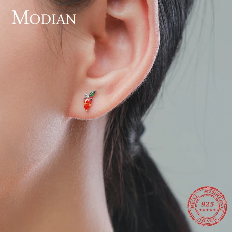 Modian Genuine 925 Sterling Silver Zirconia Carrot Cute Tiny Stud Earrings for Women & Girls Fine Jewelry Gift Prevent Allergy