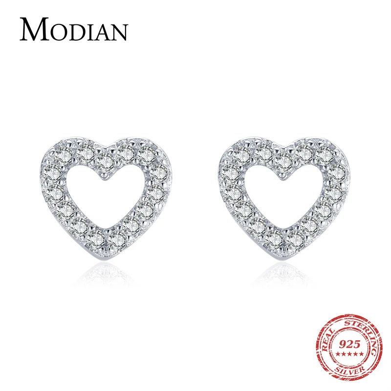 Modian Authentic 925 Sterling Silver Stud Earrings for Women Romantic Heart Earrings Shiny Clear CZ Wedding Engagement Jewelry