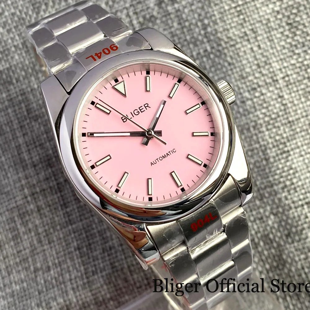 BLIGER NH35A PT5000 36mm/39mm Automatic Men Watch Glass Back Slide Lock Candy Pink/Orange/Black Dial Polished Steel bracelet