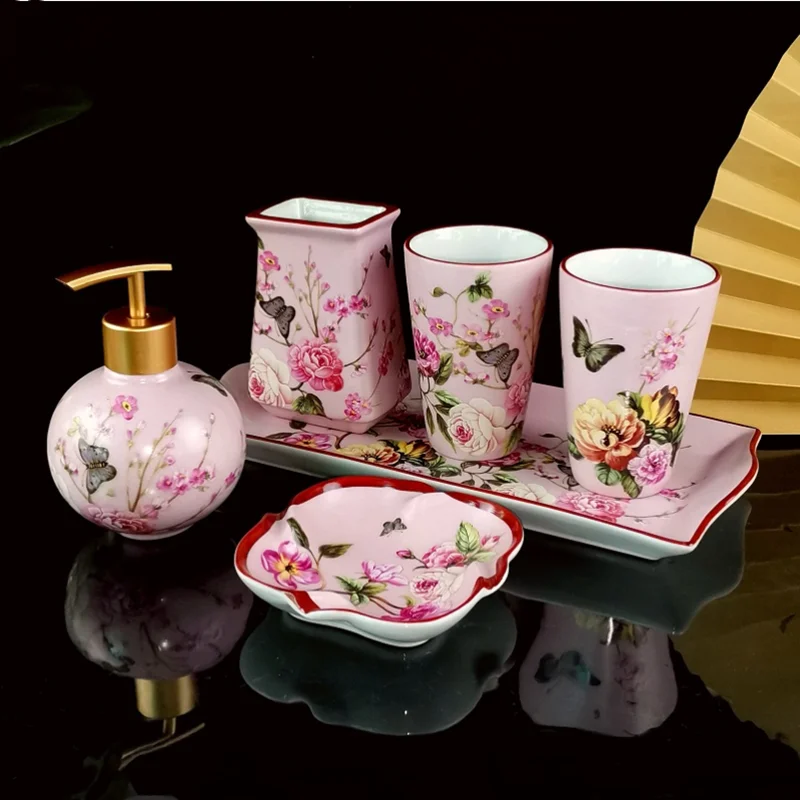 Pink Rose Pattern Bathroom Accessories Set Ceramic Toothbrush Holder Soap Dispenser Soap Dish Bathroom Cup Wedding Gift