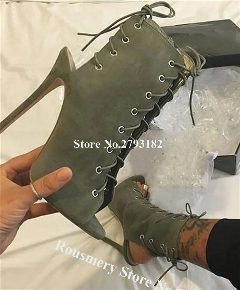 

New Fashion Women Peep Toe Suede Leather Stiletto Heel Short Gladiator Boots Lace-up Army Green High Heel Ankle Booties Shoes