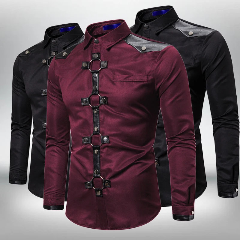 Fashion Long sleeve Shirt Men New Goth Style Rivet Solid Color Cargo Shirt Slim Fit  Party Singer Stage Streetwear