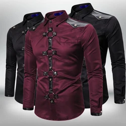 Camisa de manga larga para hombre, camisa de carga de Color sólido con remaches de estilo gótico, ropa de calle ajustada para cantante de fiesta y escenario, nueva moda