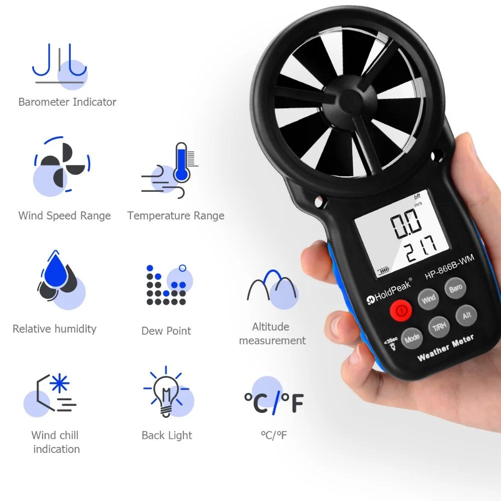 Anemometer HoldPeak HP-866B-WM Wind Speed Meter Digital Sensor Cup Anemometro 0.3~30m/s Air Humidity LCD Hand-held Measure tool