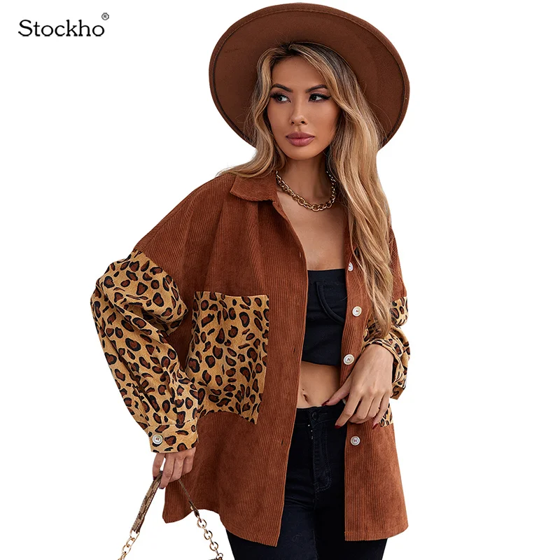 

Women's Leopard Print Long-Sleeved Shirt Jacket Autumn Fashion Stitching Shirt New Corduroy Plus Size Casual Women's Jacket