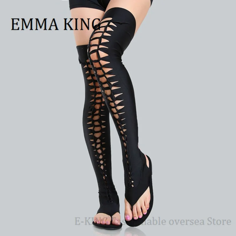 Black Lycra Thigh High Gladiator Sandals Women Long Strap Thigh High Flat Sandals Stretch Open Toe Over The Knee Boot For Women
