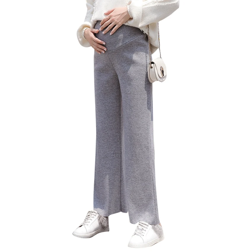 2019 new pregnant women wide leg pants autumn and winter Korean version of the loose straight casual knit pregnant stomach lift