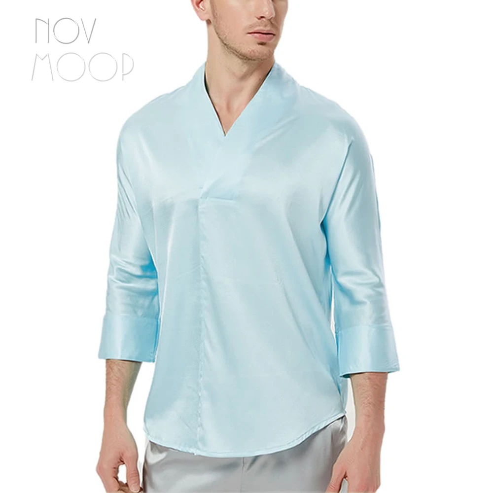 Novmoop stile casual uomo primavera estate traspirante manica tre quarti 19mm spandex seta yoga sonno camicia camisas chemise LT3067