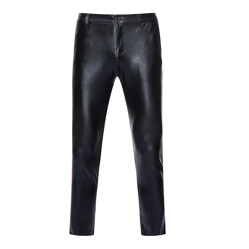 Motorcycle PU Leather Pants Men Brand Skinny Shiny Gold Coated Metallic Pants Trousers Nightclub Stage Perform Pants for Singers