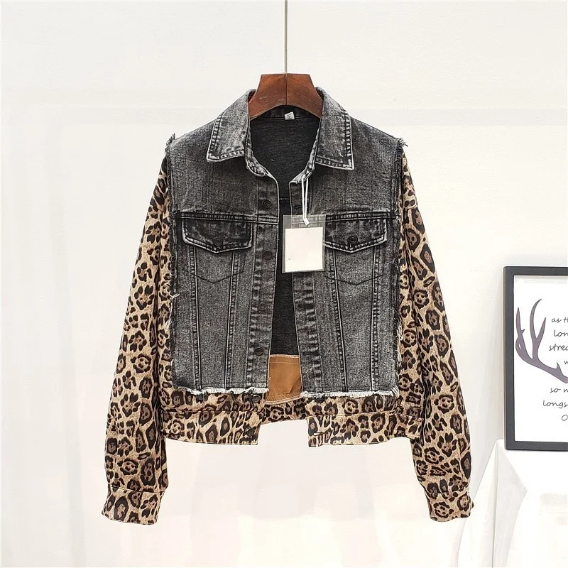 Autumn Spring Patchwork Leopard Denim Jacket Women Long Sleeve Single Breasted Loose Fit Pearls Printed Casual Short Outerwear