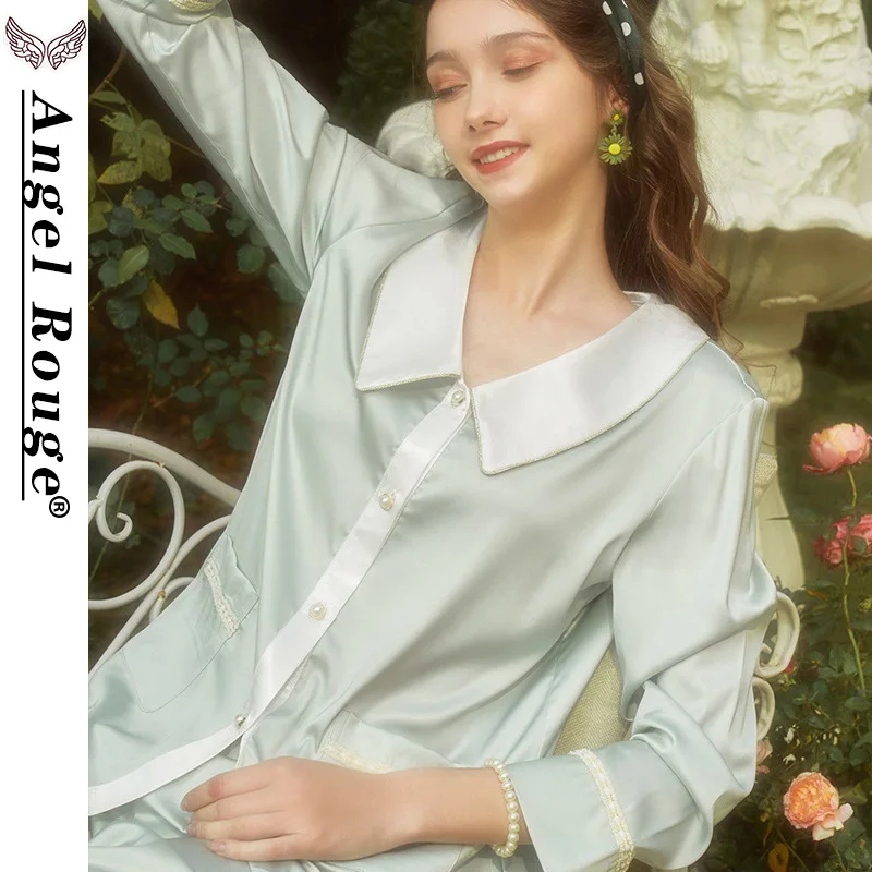 

New Spring Summer Contrast Lace Pearl Button Ice Silk Pajamas Women's High Elastic Satin Simple Cardigan Home Clothes Sleepwear