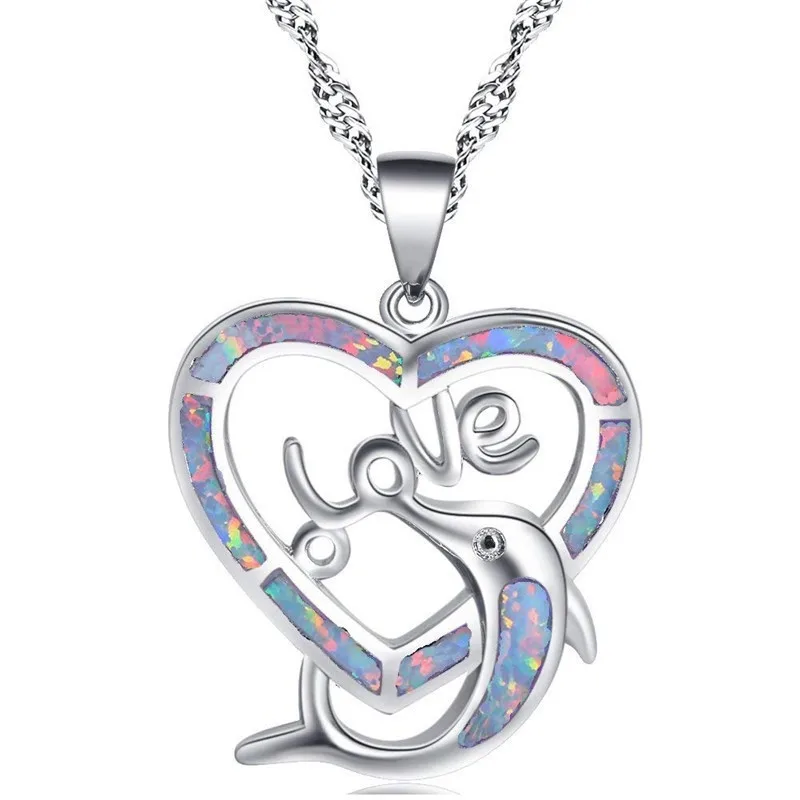 Elegant Fashion  Heart Dolphins Fire Created Opal Pendant Necklace Women Jewelry Gifts