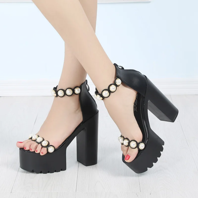 STAN SHARK Summer Thick Waterproof Platform 14CM Heel High Pearl Sandals High-heeled Thick-bottomed Toe Sandals