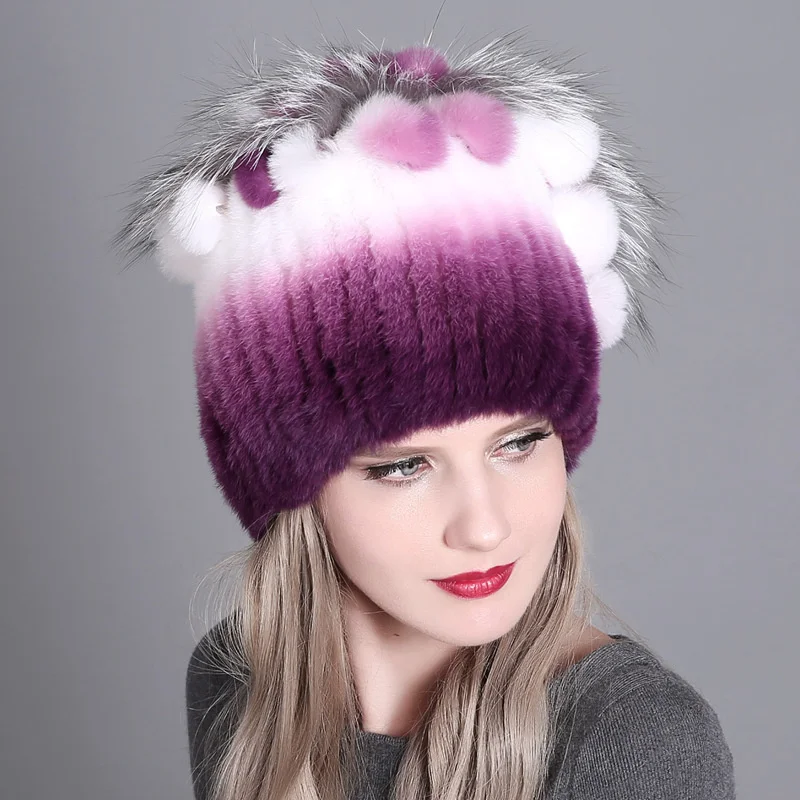 Winter Women\'s Warm Fashion Beanie Knitted Hat Real Rex Rabbit Fur Hat Knitted With Side Flower Russia Hat 2022 New