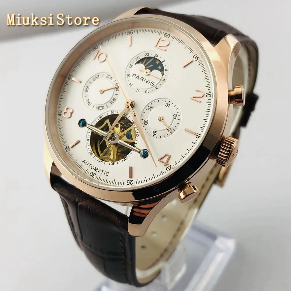 Parnis new 43mm rose gold case white dial date leather strap waterproof automatic mens top leisure flywheel mechanical watch