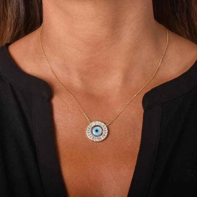 Boho Bohemia Round disco Turkish evil eye pendant necklace gold silver color rectangle rainbow cz eye jewelry