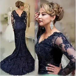 Robe sirène classique en dentelle bleu marine foncé personnalisée, mère de la mariée, manches longues, décolleté en V, fête de mariage, quel que soit le dos, 2024