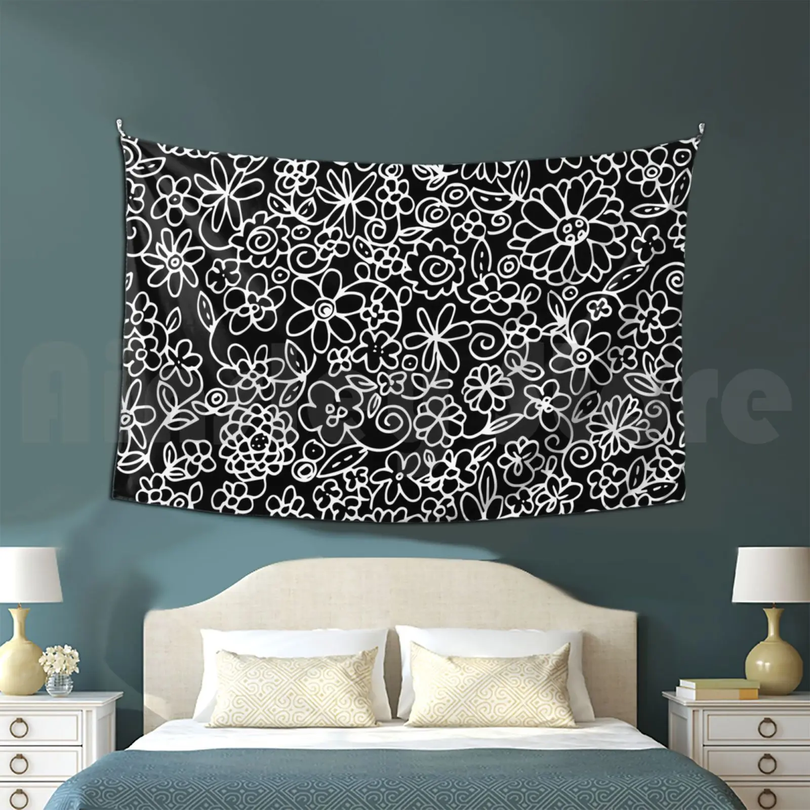 Heart Of Flowers In White Tapestry Living Room Bedroom Heart Love Valentine Doodle Flower Floral Eenig Mother Mothers