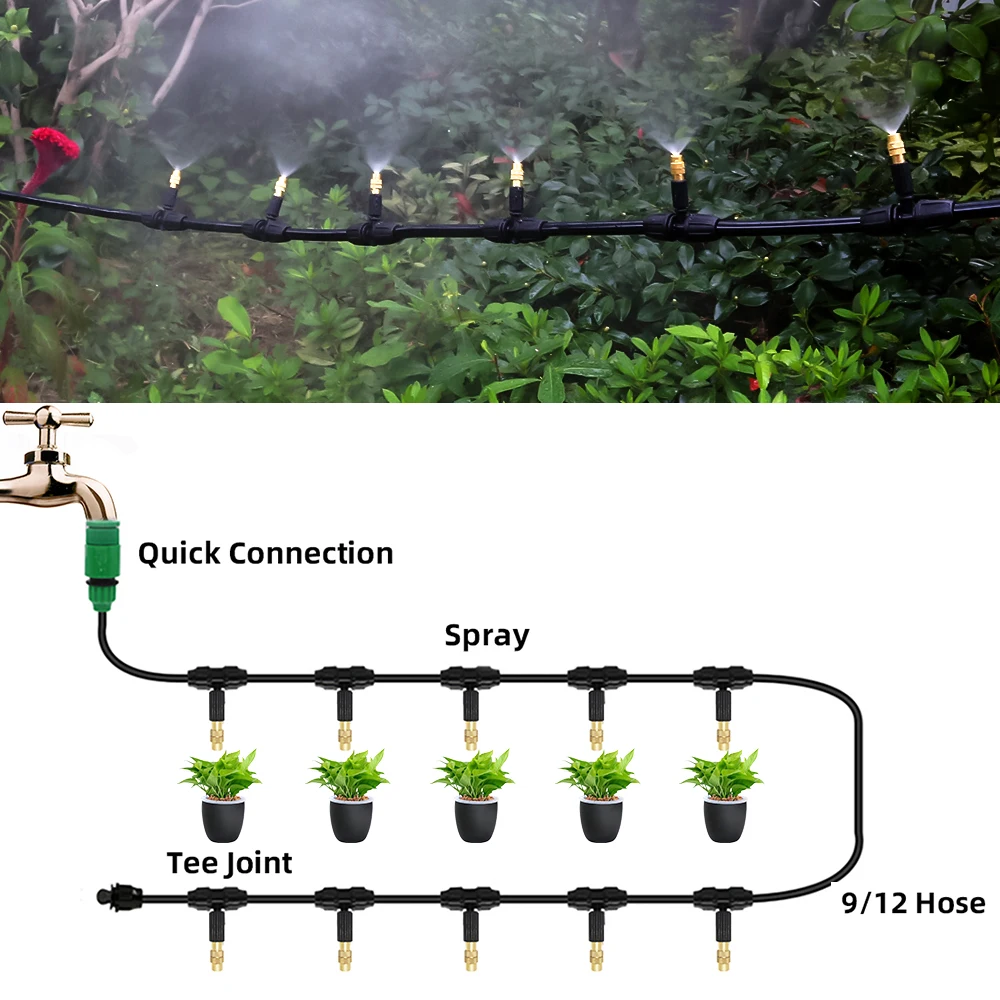 

Fog Nozzles Irrigation System Portable Misting Automatic Watering Garden 10m 9/12mm Hose Spray Head with Tee and Connector