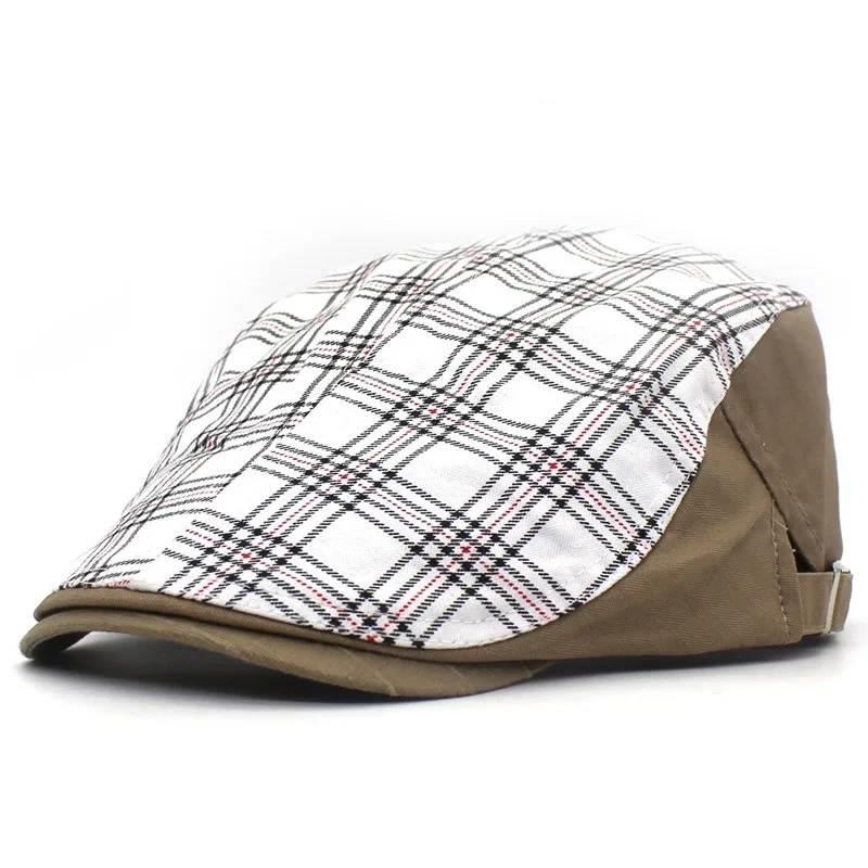 Spring Summer Plaid Newsboy Caps Men Cotton Flat Peaked Cap Women Painter Beret Hats 16