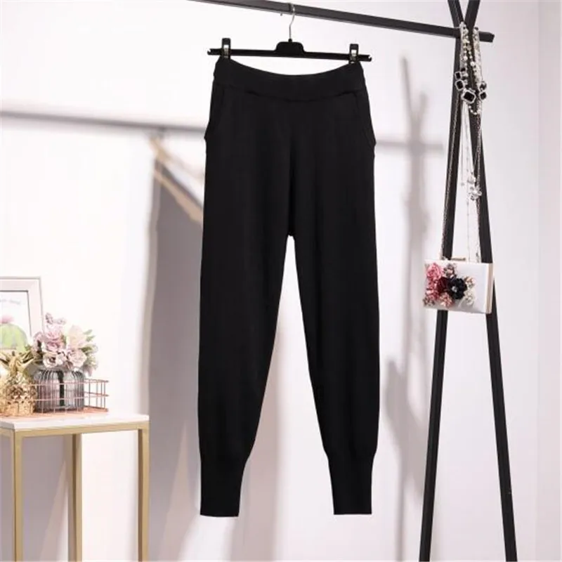 Autumn Fashion Tracksuit Knit Outfits Women Handwork Embroidery Flowers Sweater Pencil Pants Set Loose Black Knitted Suit Female