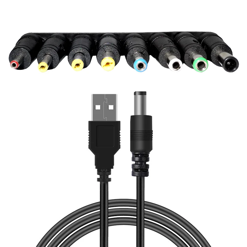 Universal Power Cable USB to DC 5.5 * 2.1mm Jack 5V Charging Cord with 8 Selectable Connector Tips for CCTV Cameras TV Box