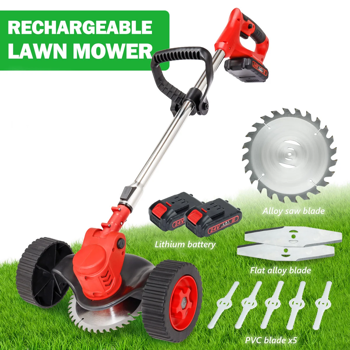 24V Electric Grass Trimmer Cordless Lawn Mower Double Wheel Length Adjustable Garden Pruning Cutter Tool with 2 Battery