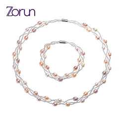 Zorun Genuine Natural Freshwater Pearl Jewelry Sets 6-7mm with Magnetic Clasp  Necklace and Bracelet  Sets for  Women Party