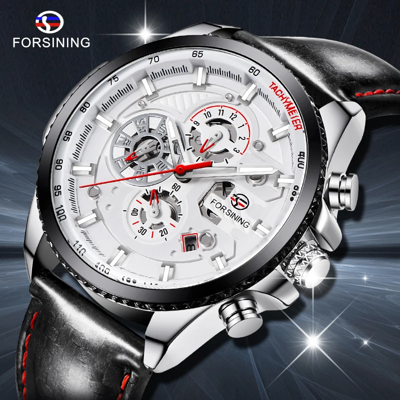 Forsining Men Automatic Self Wind Watch Mechanical Luminous 3 Dials Date Genuine Smooth Leather Speed Racing Sport Fashion Clock