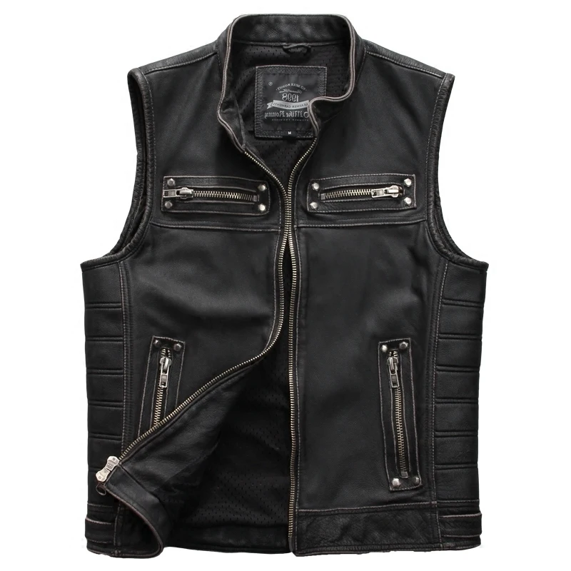 

2020 Vintage Black Slim Fit Biker's Leather Plus Size 4XL Genuine Thick Cowhide Short Russian Motorcycle Vest