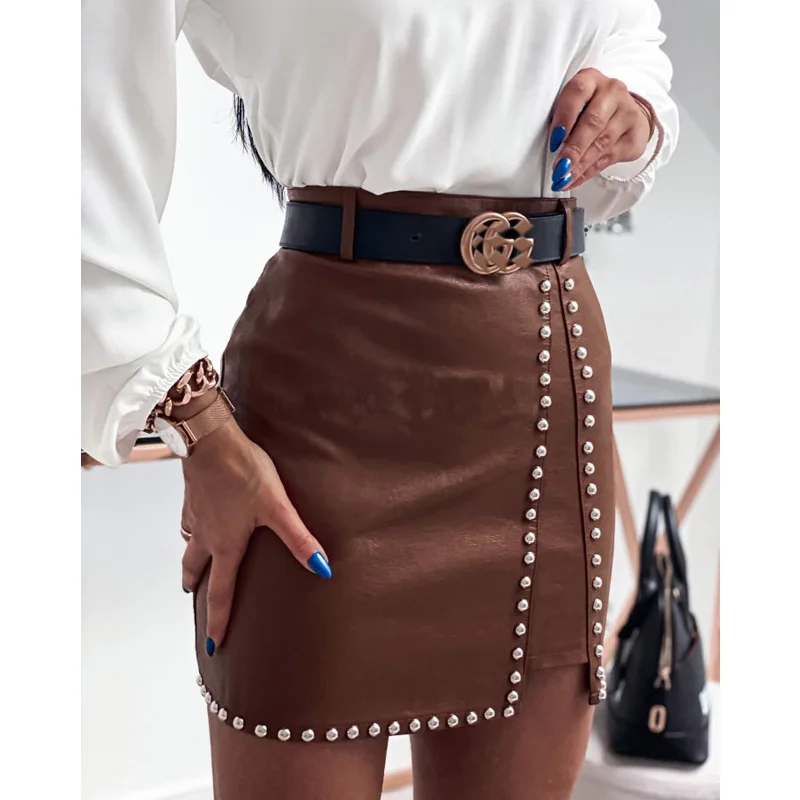 Elegant Fashion Rivets PU Leather Skirts Women Mini Pencil Skirts Office Lady Solid Color High Waist Slim Bottoms Skirts