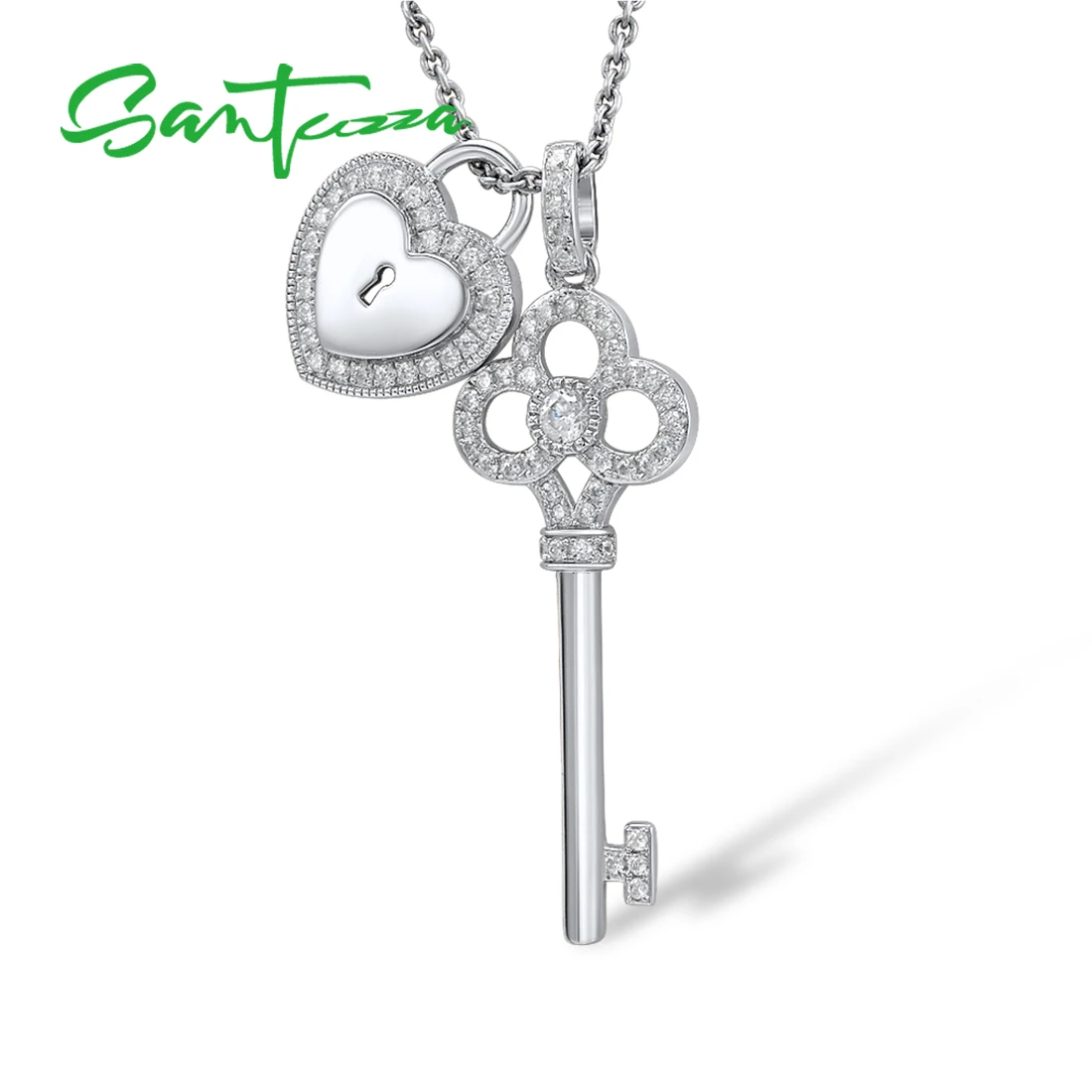 SANTUZZA 925 Sterling Silver Pendant For Women Fit for Necklace Key Heart Lock Romantic White Cubic Zirconia Trendy Fine Jewelry
