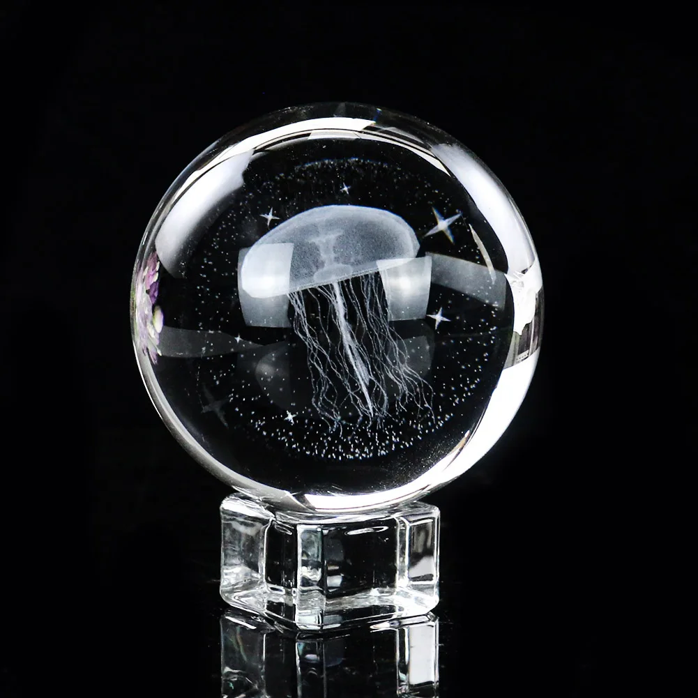 

60mm 3D Jellyfish Crystal Ball Laser Engraved Miniature Sphere Glass Globe Display Stand Home Decor Glass Craft Photography Prop