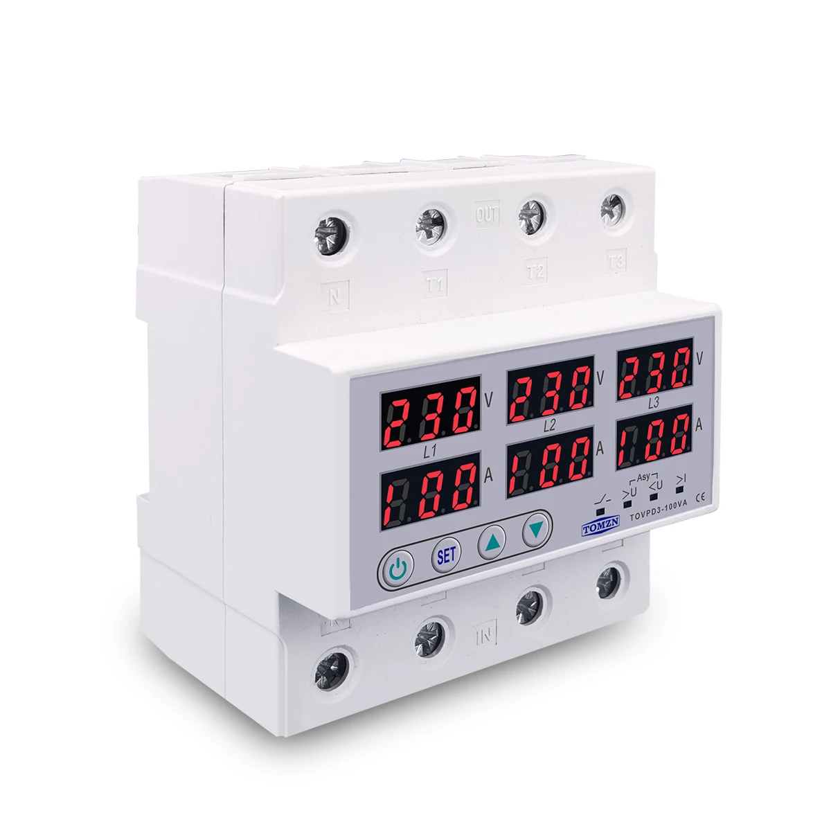 100A 3 Phase Din rail Voltmeter Ammeter adjustable Over and Under Voltage current limit protection Monitor Relays Protector