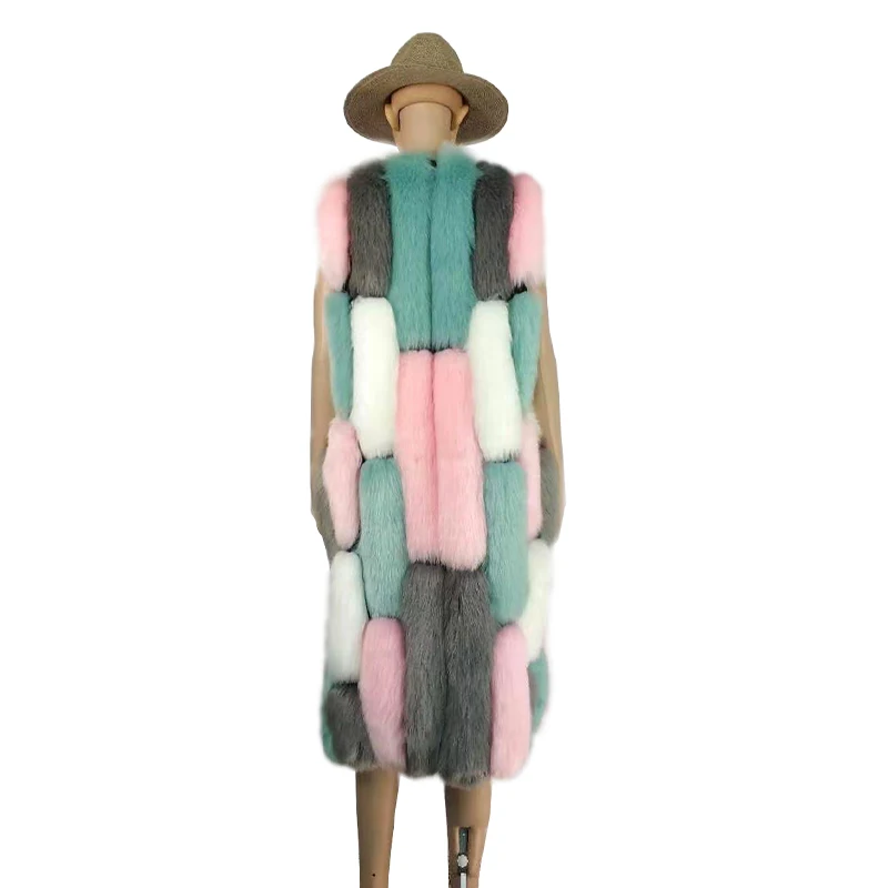 Fur Coat Women Faux Fur Vest Fashion Personality Multicolor Faux Fox Fur Waistcoat Whole Sleeveless Long Overcoat Female