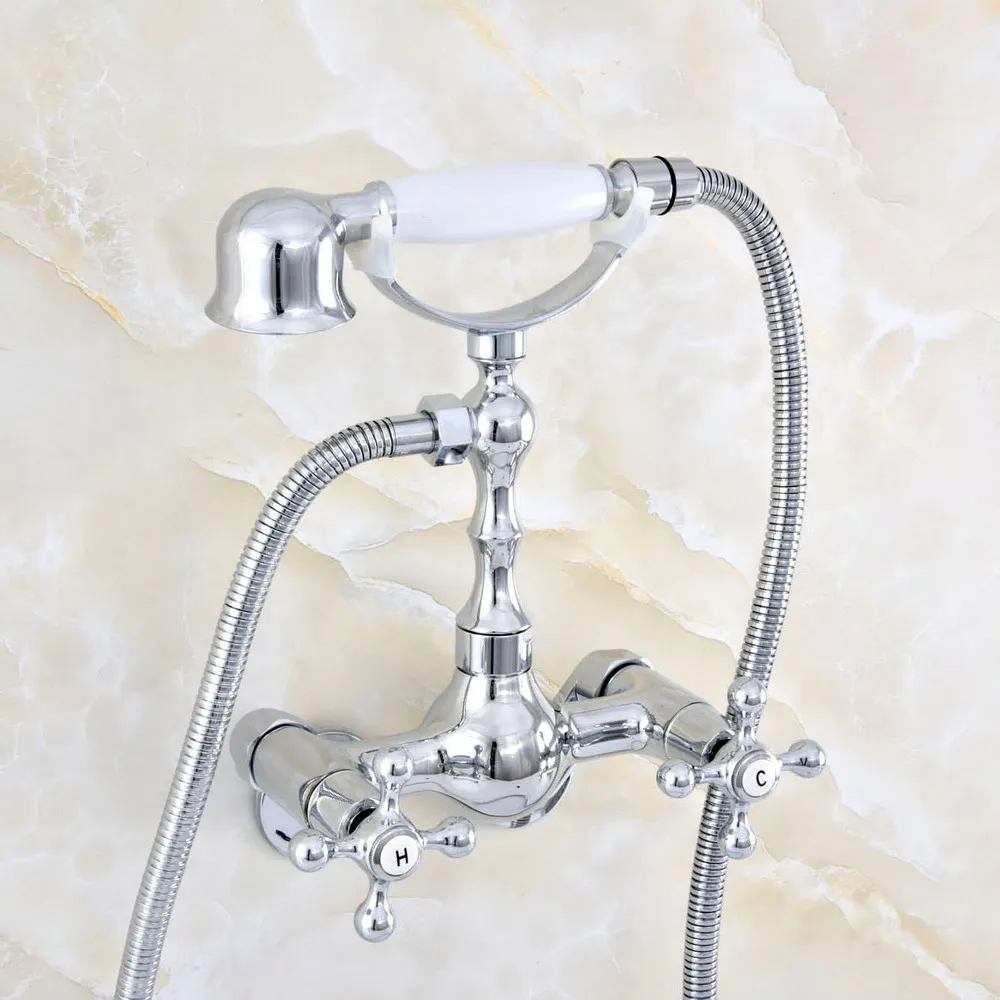 

Polished Chrome Brass Adjusts From 3-3/8" Wall Mount Bathtub Faucet with Handheld Shower Set +1.5M Hose Mixer Tap 2qg427