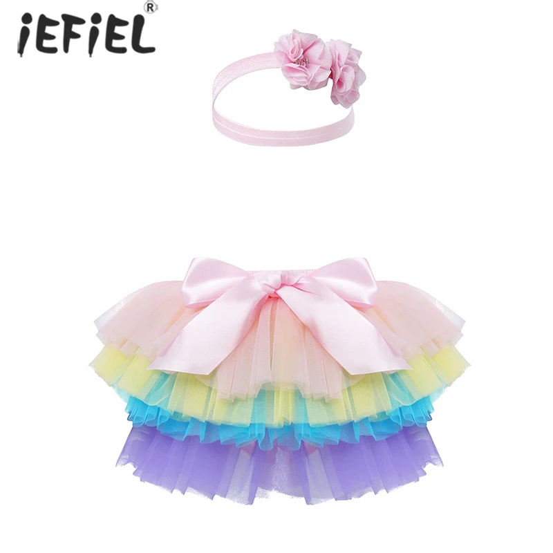 

Baby Girls Tulle Tutu Bloomers Infant Newborn Rainbow Skirt Diapers Cover 2pcs Short Skirts+Flower Headband Set Tutu Skirt Girls