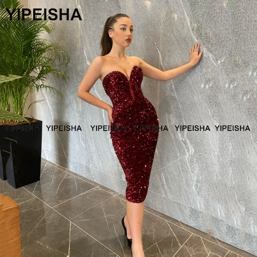 Yipeisha Glitter Silver Sequin Party Sweetheart Burgundy พรหมชุดชายาว Robe De ค็อกเทลสั้น Homecoming Gown