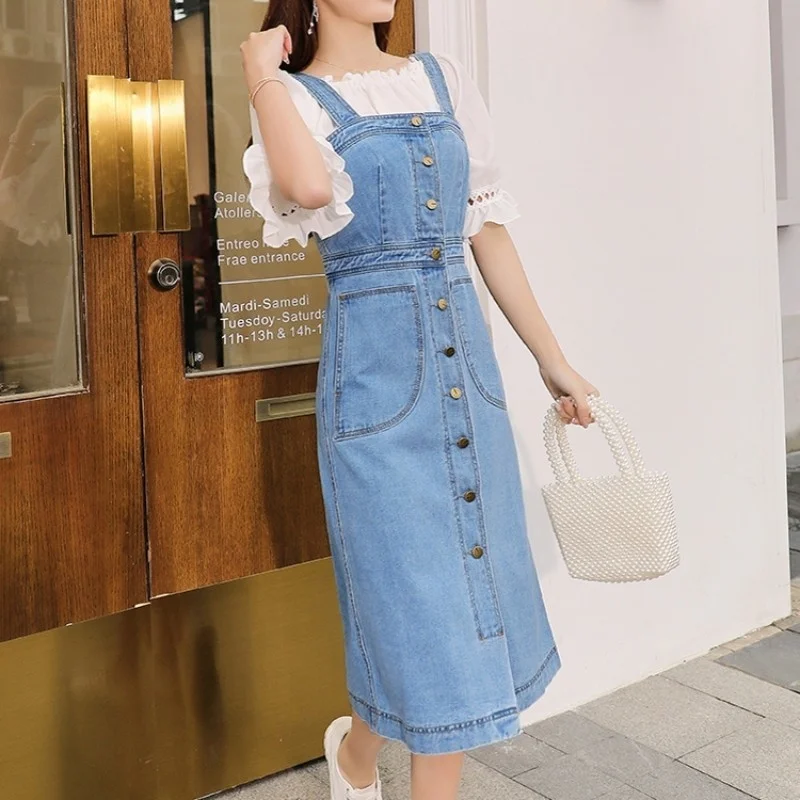 Street High Women Denim Straps Dress Mid Calf Single Breasted A-Line High Waist Summer Dress Casual Slim Fit Harajuku Sundress