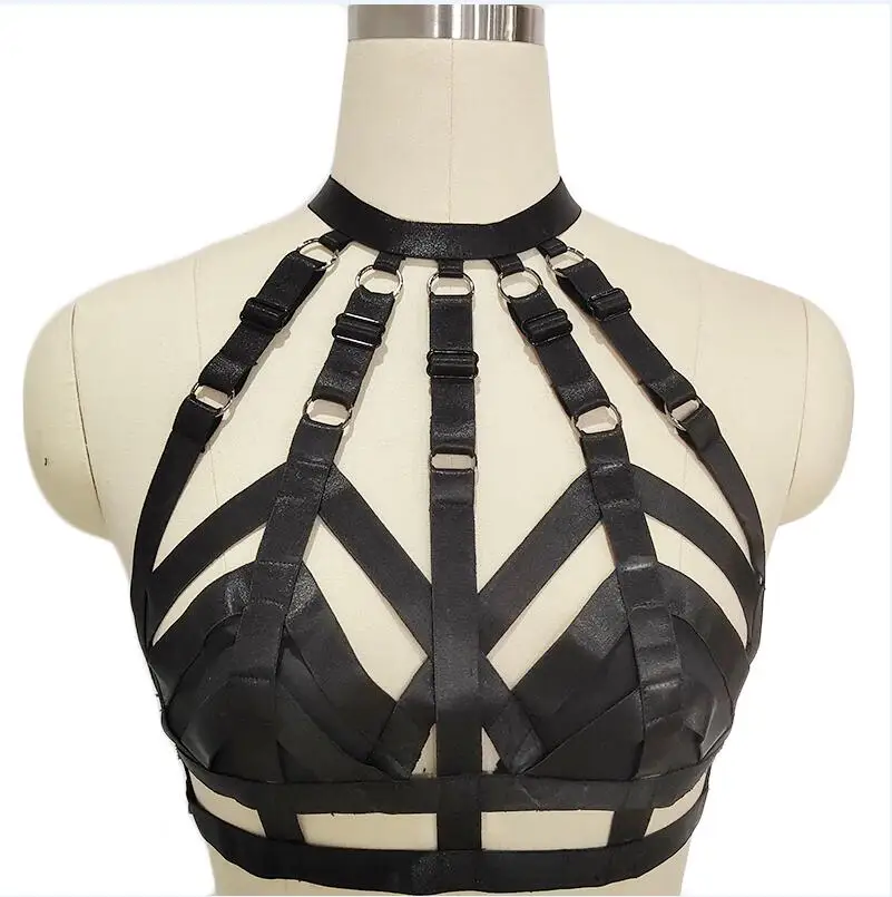 Black Hollow Bra ผู้หญิง Bondage Cage Body Harness เข็มขัดงานแต่งงานถุงน่อง Garter Punk Pole Dance ปรับเซ็กซี่สายรัดชุดชั้นในชุด