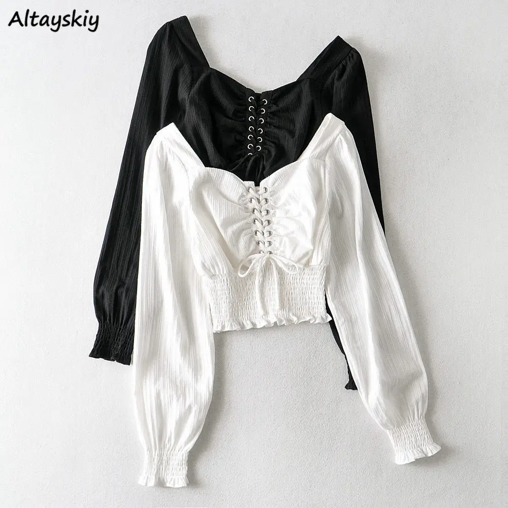 Blouses Women Black Simple Cropped Tops Pleated Slim Sexy Female Long Puff Sleeve Bandage Square Collar Vintage All-match Mujer