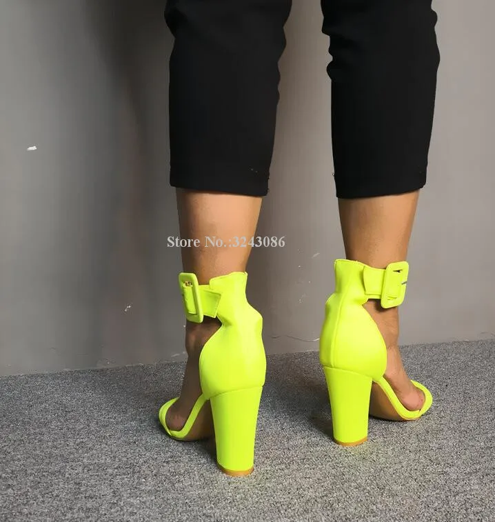 Fashion Lemon Yellow Chunky Heel Sandals Women Fashion Peep Toe Ankle Buckle Thick Heel Sandals Shoes Lady Real Photos High Heel