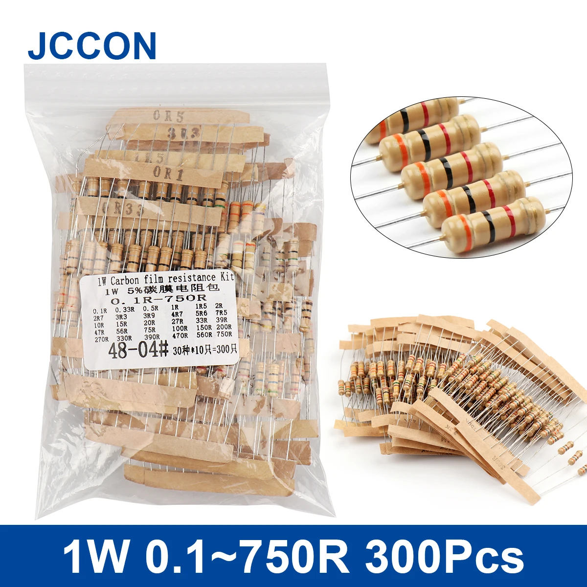 300Pcs 1W 0.1~750R Carbon Film Resistor Assorted Kit 30Values x 10Pcs=300Pcs Sample Kit Color Ring Resistance