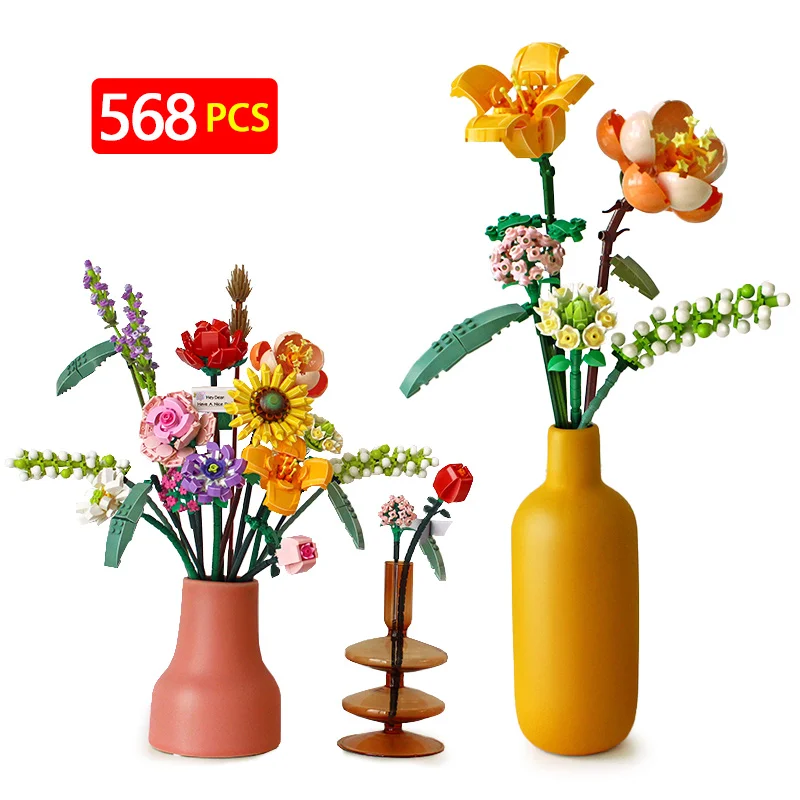 

Mini Romantic Roses Flower Sunflower Leaves Lavender Flower Arrangements Bouquets Building Blocks Decoration Girl Toy Gift