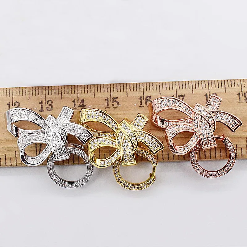 Bling CZ Silver Plated Bowknot Shape Clasp For DIY Bracelet Necklace Hidden Bow Buckle Multilayer Chain Strand Connector 2Sizes