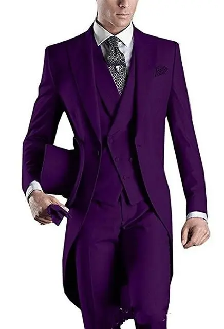 Custom Design Purple Tailcoat Men Party Groomsmen Suits in Wedding Tuxedos(Jacket+Pants+Tie+Vest)