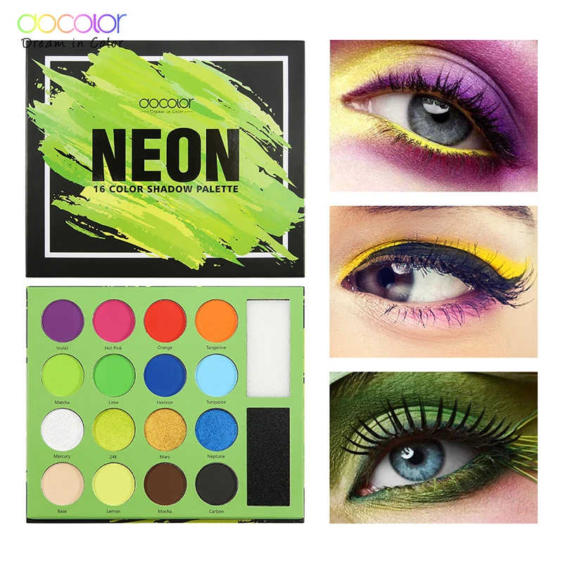 Docolor Neon Eyeshadow Palette 16 Colors Makeup Palette With Cleaning Sponges Powder Pigmented Matte Shimmer Glitter Eye Palette