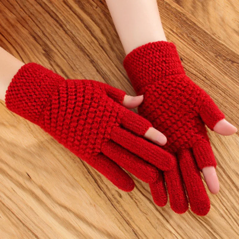 Unisex Cashmere Half-finger Cycling Mittens Women Winter Warm Thick Knit Wool Fingerless Writing Touch Screen Driving Gloves H68