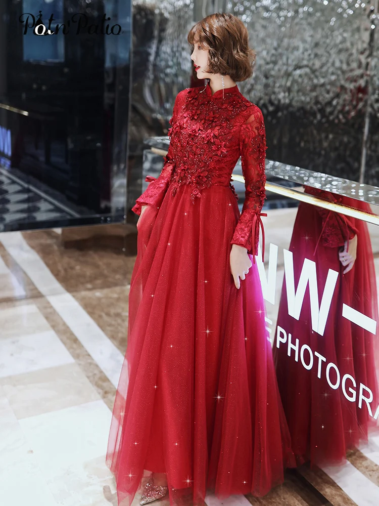 Wine Red Long Sleeve Evening Dresses For Women 2020 Vintage High Neck Luxury Beading Appliques Elegant Formal Gown